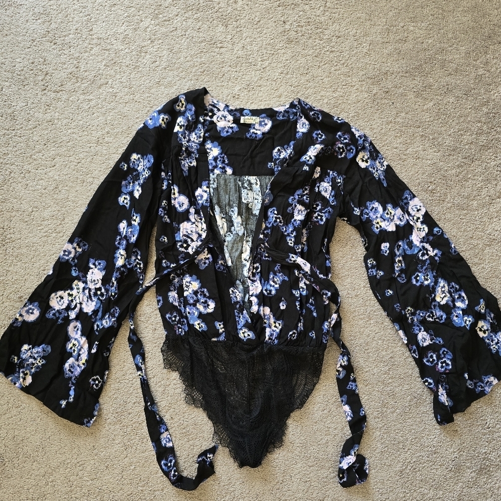 Free People Intimates Floral Bodysuit - Black and Blue Boho Feminine - Picture 5 of 8